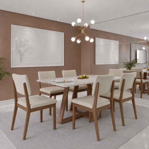 Conjunto de Jantar Mesa com Vidro Avena 6 Cadeiras New Ella - Linho Off White - Linked 02