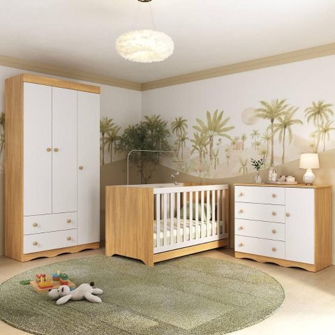 Quarto de Bebê Completo com Berço Americano 3 em 1 Realeza Multimóveis Mp4591 Madeirado/branco