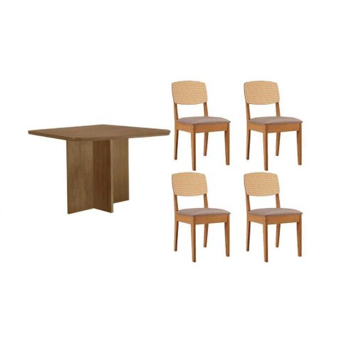 Sala de Jantar Completa Berlim C/ Tampo Madeirado Canto Curvo 90x90cm e 4 Cadeiras Havana Premium