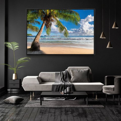 Quadro Decorativo Praia Coqueiro Tela Horizontal Com Moldura e Sem Vidro 80X120