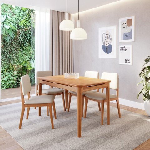 Conjunto Sala de Jantar 1 Mesa 130cm 4 Cadeiras Estofadas Miriti CabeCasa MadeiraOriginals Marrom/Caramelo/Creme