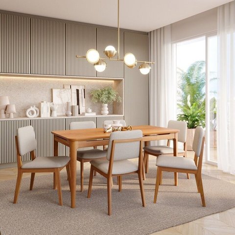 Conjunto Sala de Jantar 1 Mesa 160cm 6 Cadeiras Estofadas Miriti CabeCasa MadeiraOriginals Marrom/Caramelo/Creme