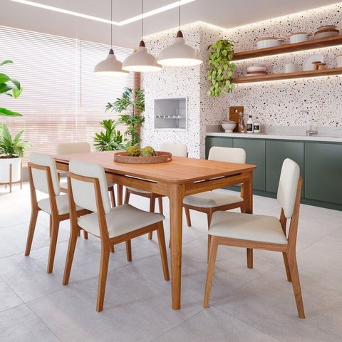 Conjunto Sala de Jantar 1 Mesa 180cm 6 Cadeiras Estofadas Miriti CabeCasa MadeiraOriginals Marrom/Caramelo/Creme