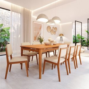 Conjunto Sala de Jantar 1 Mesa 210cm 8 Cadeiras Estofadas Miriti CabeCasa MadeiraMadeira