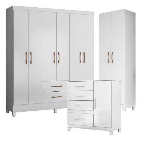 Guarda Roupa Casal Panamá com Cômoda Vênus com Pés e Armário Multiuso New Íris Branco Brilho-