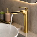 Ver imagem 2 de Torneira Monocomando de Mesa para Banheiro Bica Alta Curve Redonda Dourado Brilhante