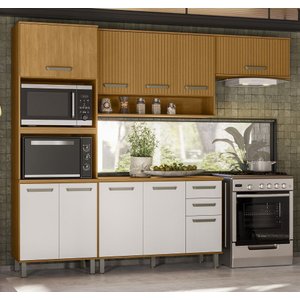 Cozinha Criare Modulada Com Paneleiro Torre Quente e Armário Detalhes Ripado -  Freijó/Ripado/ Off A