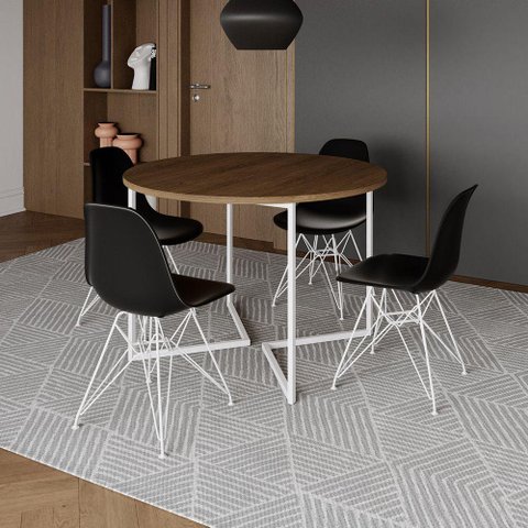 Mesa Industrial Jantar Redonda Amêndoa 110Cm Base V Com 4 Cadeiras Eames Pretas Ferro Branco