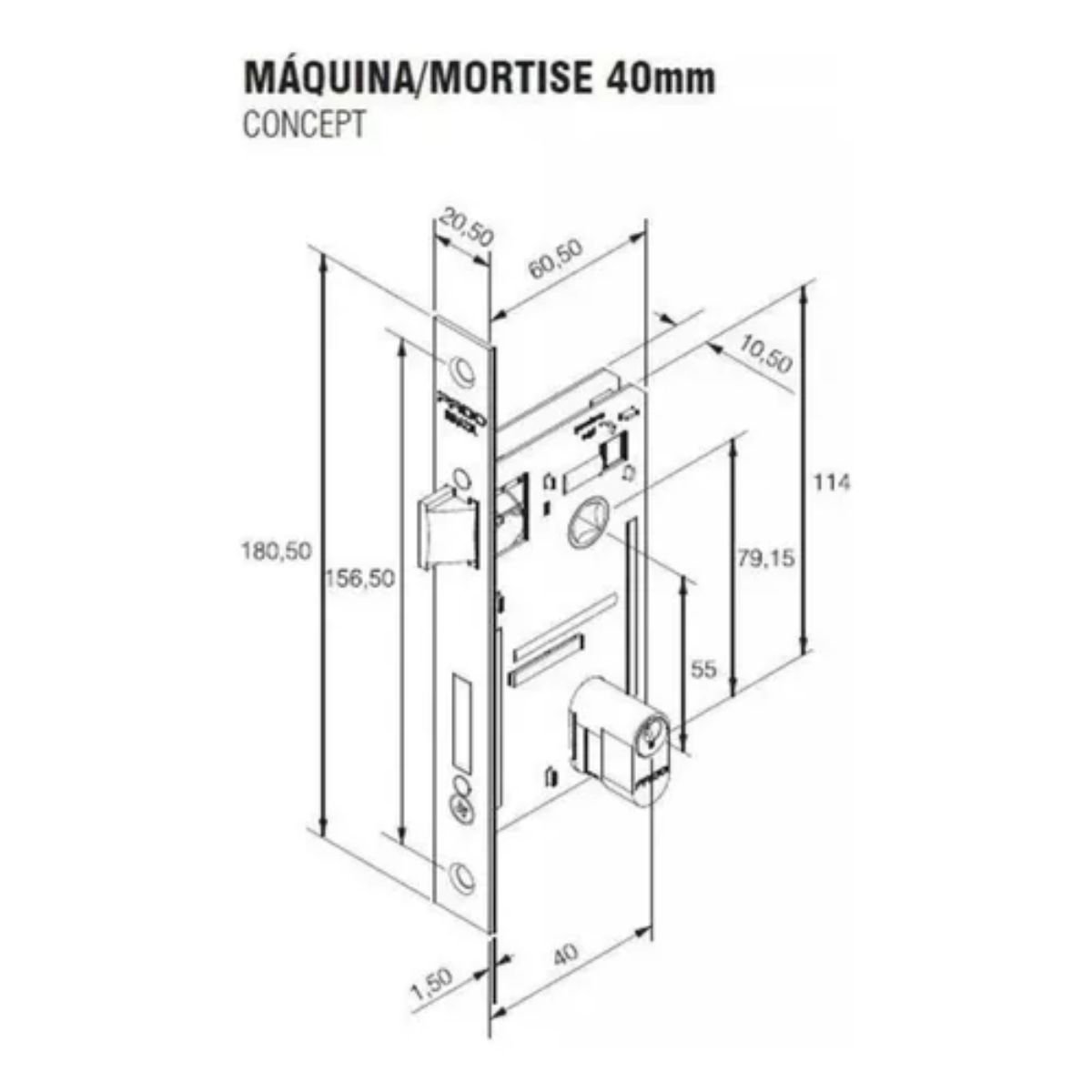 Fechadura Pado Maquina Avulsa Externa com Cilindro Concept 40mm Cromada Inox Polido - 3