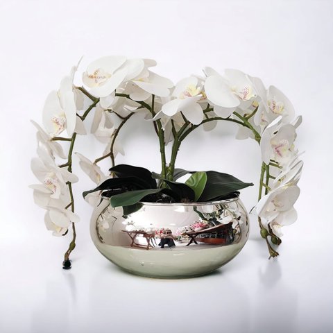 Arranjo com Orquídea Artificial com Vaso Prata e 4 Orquídeas