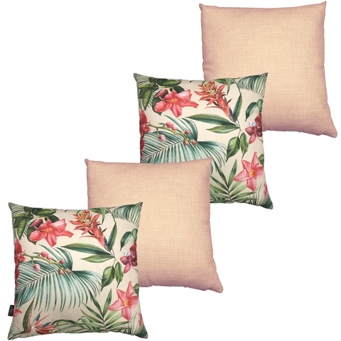 Almofadas Cheias Impermeável Estampa Digital 100% Algodão Kit 4 43CMX43CM:Flores Fundo Salmão e Liso
