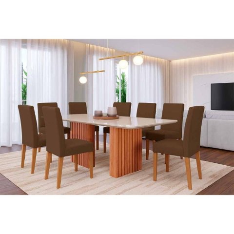 Sala de Jantar Completa Ester Tampo Madeirado C/ Vidro 210x100cm e 8 Cadeiras Maia Cinamomo/off