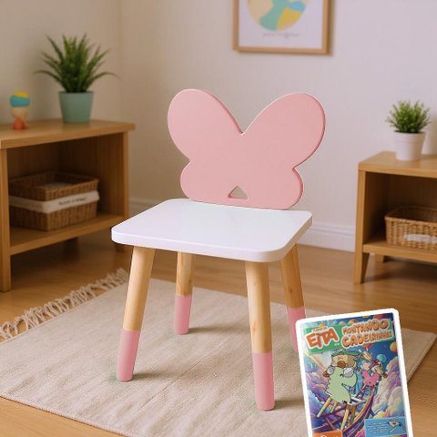 Cadeira Infantil de Madeira Borboletinha Kit Livro Educativo - Rosa Bebê