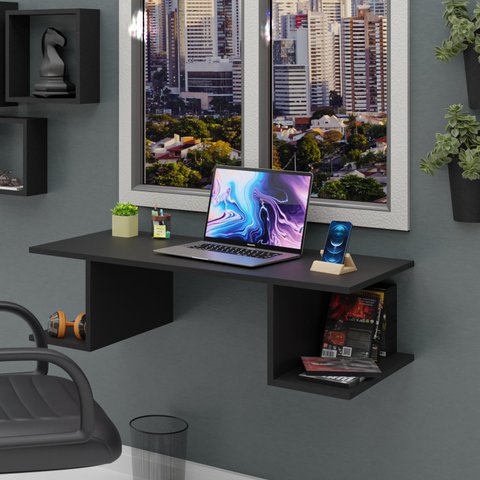 Mesa Suspensa Escrivaninha Computador 900x420 C/ Prateleiras	- Preto