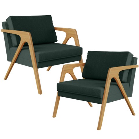 Kit 2 Poltronas Decorativa para Sala Pietra Estrutura de Madeira L02 Linho Verde Musgo - Lyam