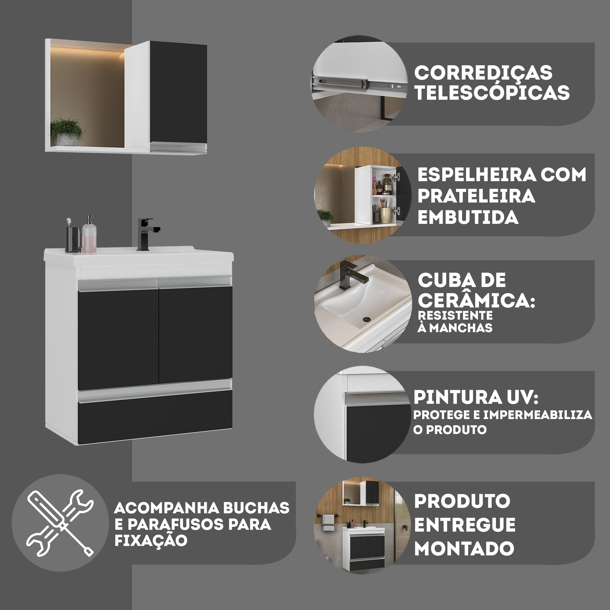 Kit Gabinete Banheiro Fox 60cm Branco/preto (gabinete + Cuba + Espelheira) - 6