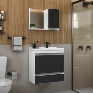 Kit Gabinete Banheiro Fox 60cm Branco/preto (gabinete + Cuba + Espelheira)