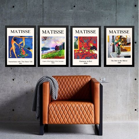 Kit 4 Quadros Vintage Posters Matisse Colorido 45x34cm - com Vidro:madeira Branca