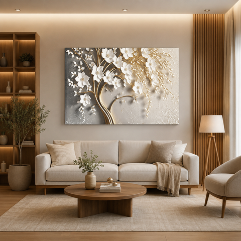Quadros Decorativos para Quarto Sala  Dourado Floral Flores Branca Grande Escritório Hall 60x90