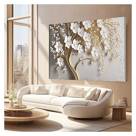 Quadros Decorativos para Quarto Sala  Dourado Floral Flores Branca Grande Escritório Hall 60x90