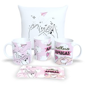 Kit com 1 Caneca Branca de Porcelana 325ml, e 1 Almofada Branca 30x30cm Personalizadas "amizade"
