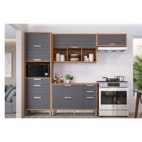 Cozinha Completa Eloise 4 Peças (2aéreos+1balcão+1torrequente) C4p181 Freijo/titanium - Mgm