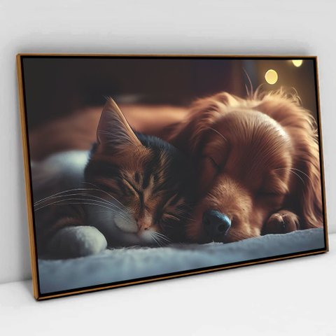 Quadro Decorativo Amigos Pet em Tela Canvas Tacolado Moldura Flutuante 4,5cm Freijó 80 X 120cm