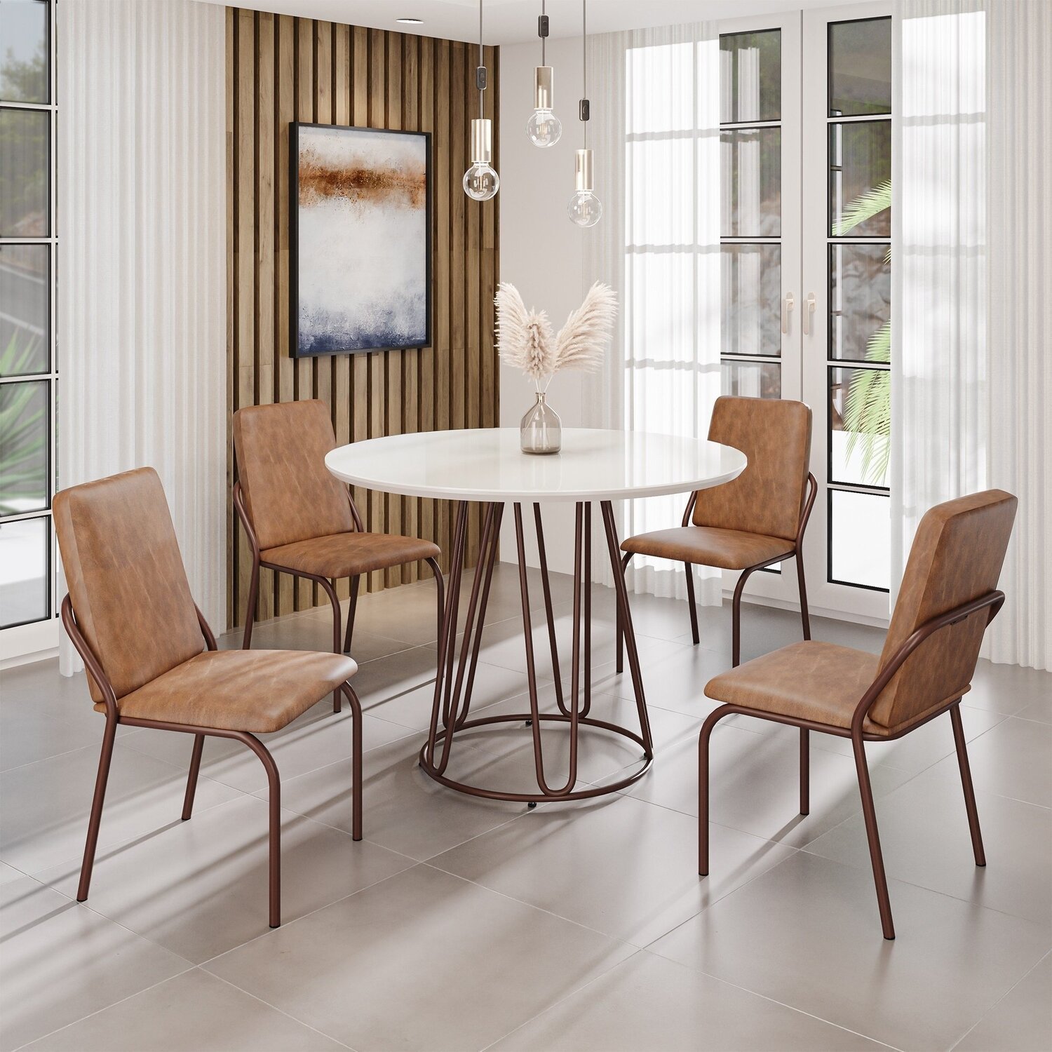 Conjunto Sala de Jantar Mesa Redonda 100cm Base Omega Tampo Mdf Laca com Vidro Malibu - 1