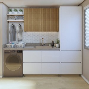 Lavanderia Modulada com Armário Aéreo, Armário Multiúso e Balcão 100% Mdf Rainha