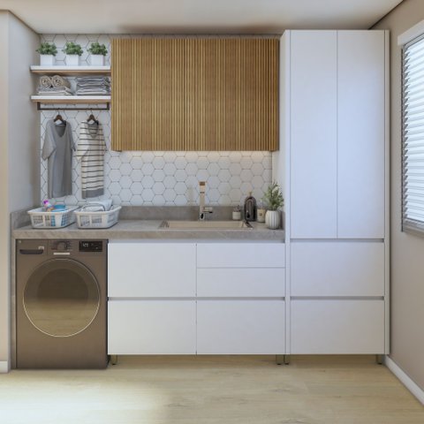 Lavanderia Modulada com Armário Aéreo, Armário Multiúso e Balcão 100% MDF Rainha Branco/Nature