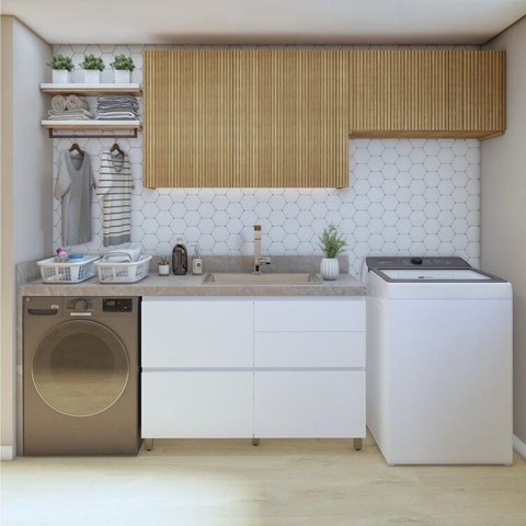 Lavanderia Modulada com 2 Armários Aéreos e Balcão 100% MDF Rainha Branco/Nature