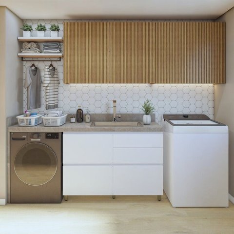Lavanderia Modulada com Balcão 1 Porta e 2 Armários Aéreos 100% MDF Rainha Branco/Nature