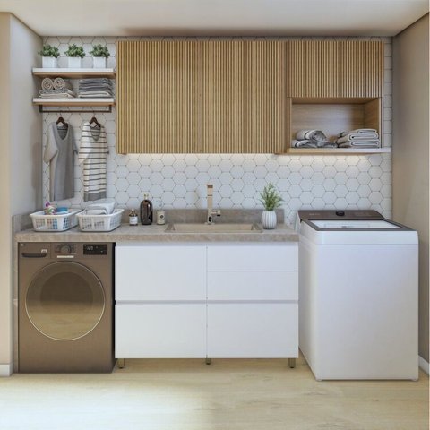 Lavanderia Modulada com Balcão 1 Porta e 2 Armários Aéreos 100% MDF Rainha Branco/Nature