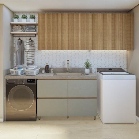 Lavanderia Modulada com Balcão e 2 Armários Aéreos Ripados 100% MDF Rainha Verde/Nature