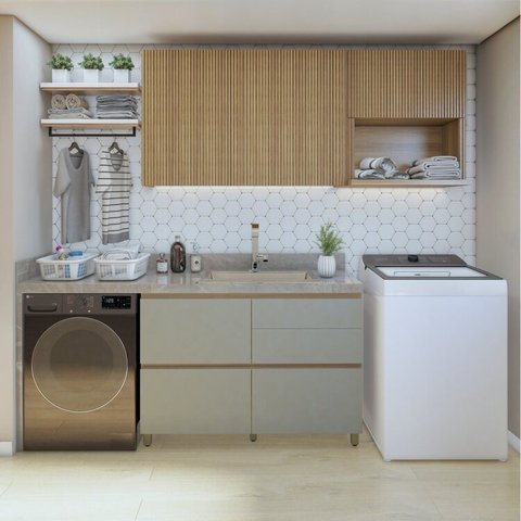 Lavanderia Modulada com Balcão 1 Porta e 2 Armários Aéreos 100% MDF Rainha Verde/Nature