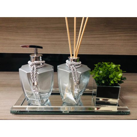 Kit Para Banheiro Organizador Acessórios Prata Aroma Bandeja
