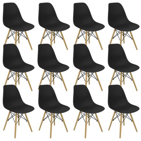 Kit 12 Cadeiras Charles Eames Eiffel Wood Design Preta