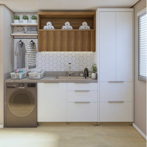 Lavanderia Modulada com Armário Aéreo,1 Balcão e 1 Armário Multiuso 100% Mdf Marquesa