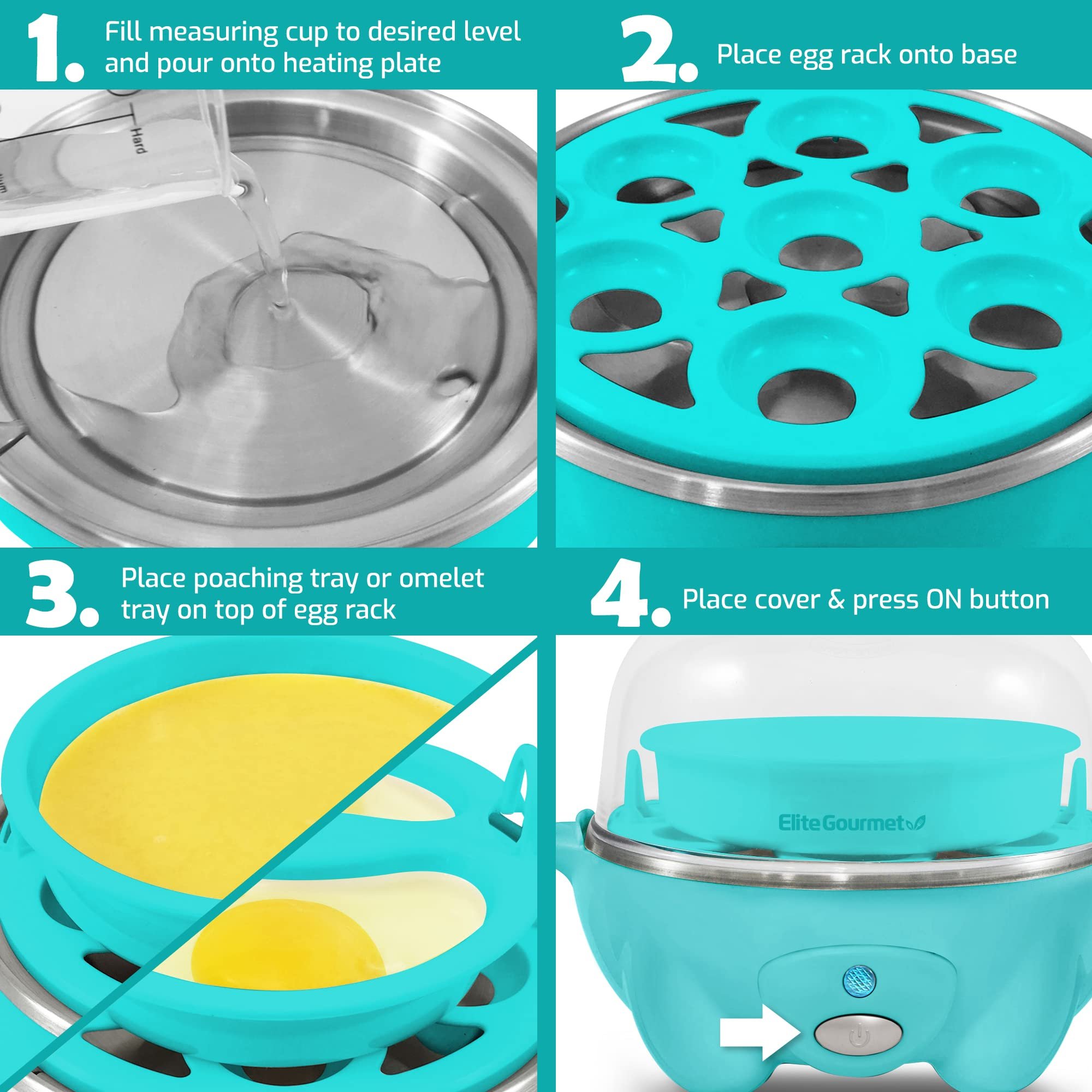 Elite Gourmet Egg Cooker Elétrico com Capacidade para 7 Ovos (cor Teal) - 6