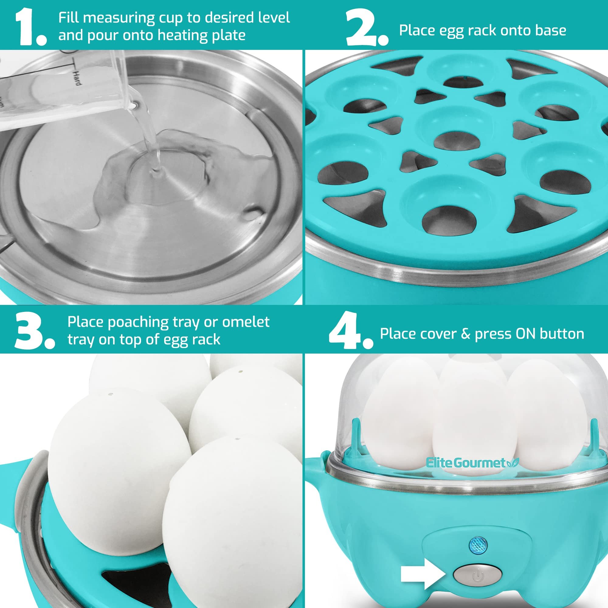 Elite Gourmet Egg Cooker Elétrico com Capacidade para 7 Ovos (cor Teal) - 5