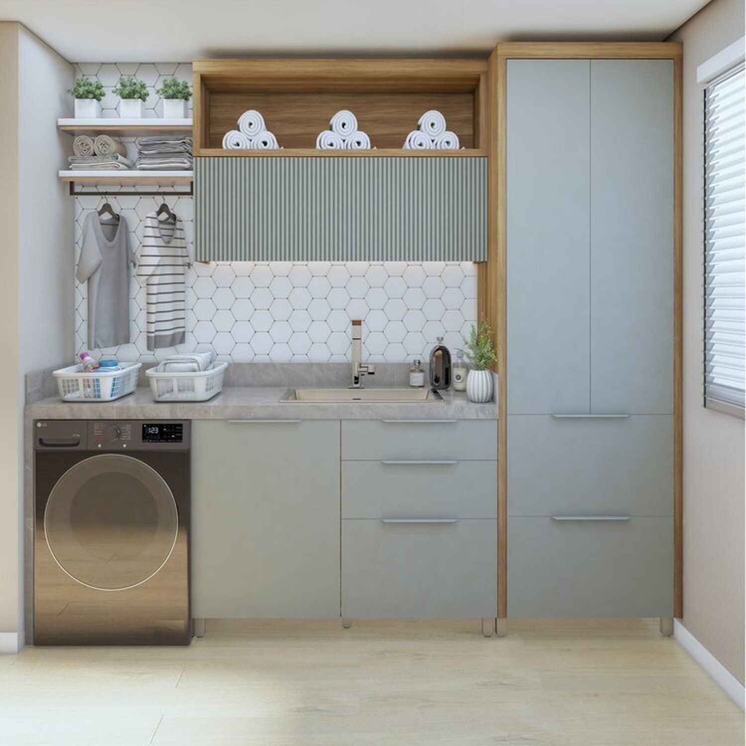 Lavanderia Modulada com Armário Aéreo,1 Balcão e 1 Armário Multiuso 100% Mdf Marquesa