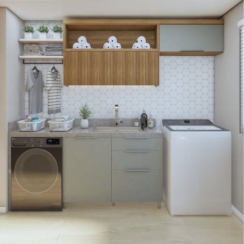 Lavanderia Modulada com Balcão 1 Porta e 2 Armários Aéreos 100% MDF Marquesa Verde/Nature
