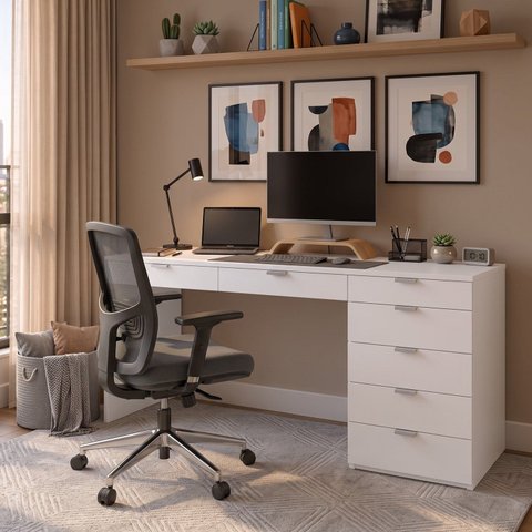 Escrivaninha Mesa para Escritório com 7 Gavetas 45 x 120cm Casuá Branca Columbus