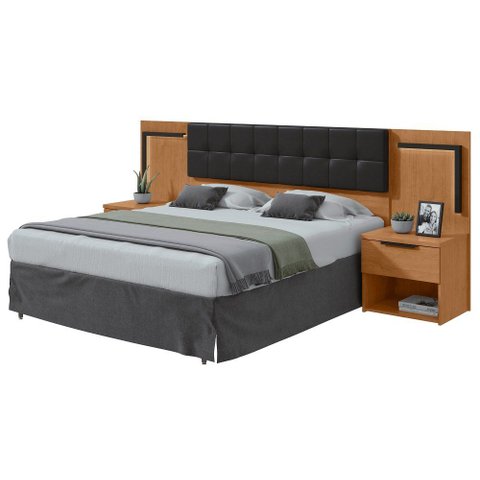 Cabeceira Casal 160cm 2 Mesas de Cabeceira com LED Calitan - Lp - Rei de Casa Amendoa Clean/Preto Fo