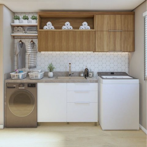 Lavanderia Modulada com 2 Armários Aéreos e 1 Balcão 100% MDF Marquesa Marrom/Branco/Nature
