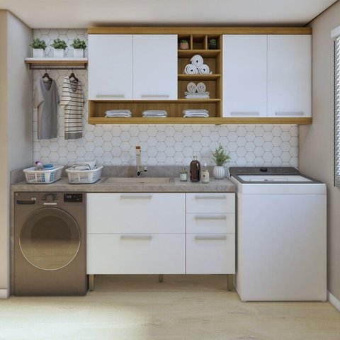 Lavanderia Modulada Burguesa com 2 Armários Aéreos e 1 Balcão 2 Portas 100% MDF Marrom/Amadeirado Freijó/Branco