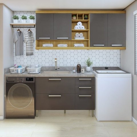 Lavanderia Modulada Burguesa com 2 Armários Aéreos e 1 Balcão 2 Portas 100% MDF Cinza/Amadeirado Freijó/Grafite
