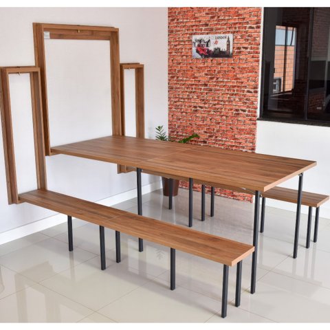 Kit Mesa Dobrável Retrátil de Parede 9 Lugares com Bancos (2,15m) - Noronha