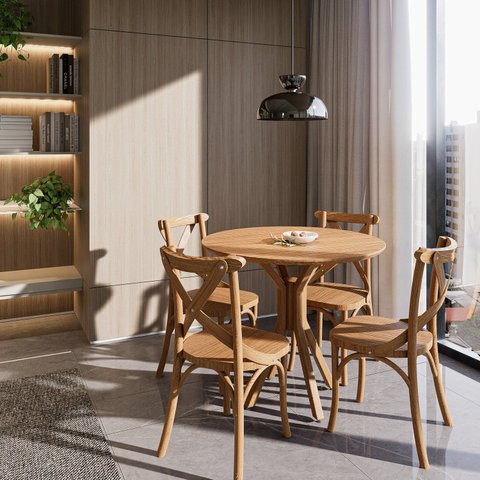 Conjunto Mesa Jantar Redonda 4 Cadeiras 90cm Madeira Maciça Nozes Lisboa Marrom