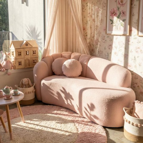 Sofá Curvo 3 Lugares Orgânico Recepção Sala Estar Confortável Serena Boucle Rosê - Montanaris Decor